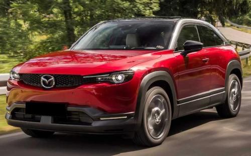 Photo of a 2022 Mazda MX-30 in Dark Gray on Soul Red Crystal Metallic (paint color code 47E)