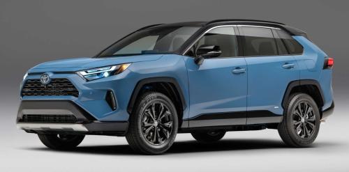 Photo of a 2022-2024 Toyota RAV4 in Midnight Black Metallic on Cavalry Blue (paint color code 2VV)